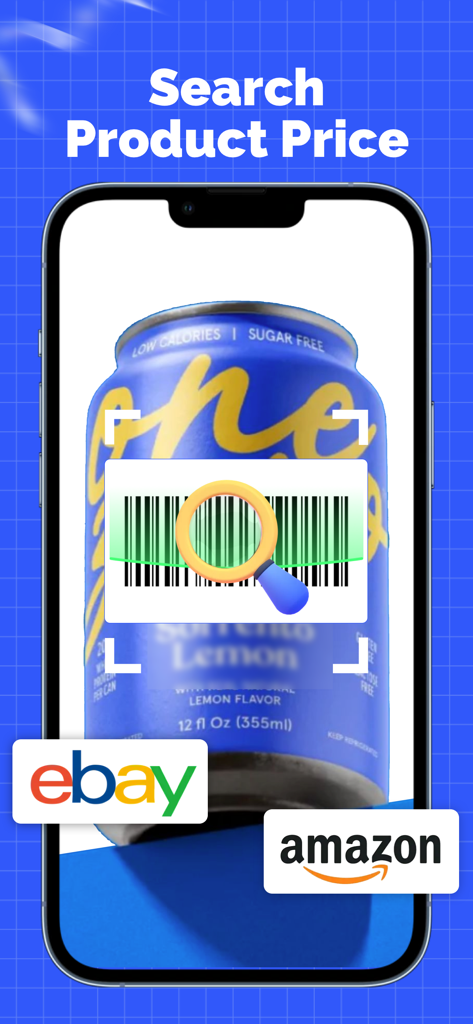 Mobile app interface scanning a soda can barcode to compare product prices on Amazon and eBay