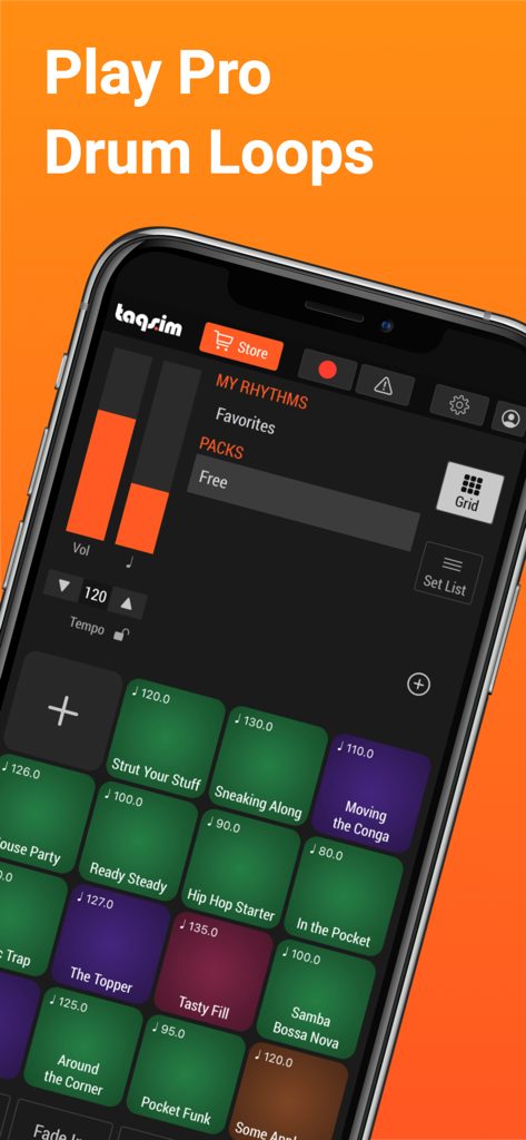 Drum Pad Pro Loop & Beat Maker - Oberfläche von Drum Pad Pro, die bunte Drum-Pads und Tempo-Regler auf einem Smartphone-Bildschirm zeigt