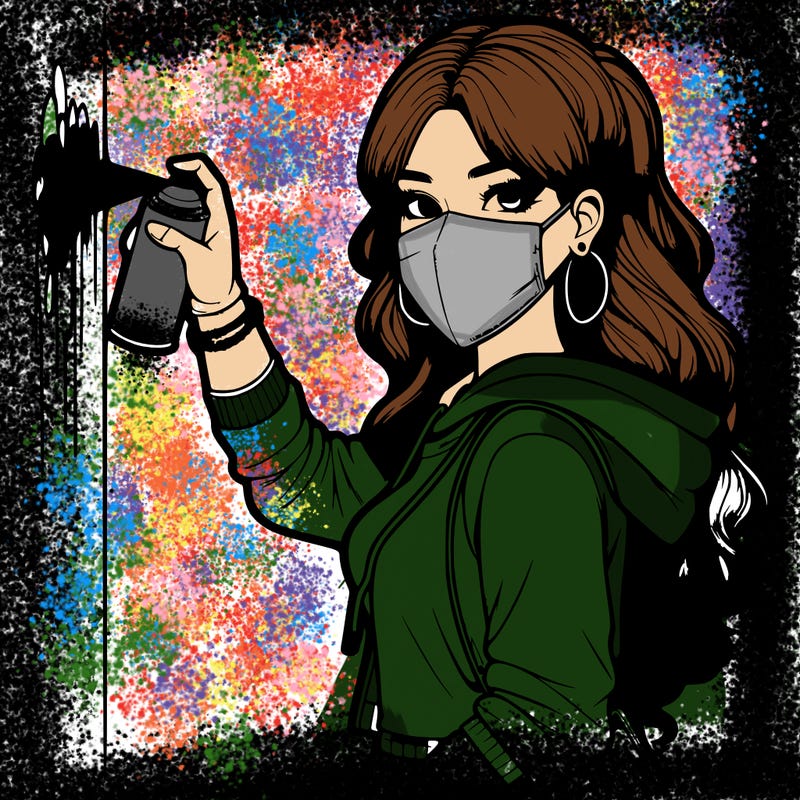 realistic girl with mask spray painting a wall
