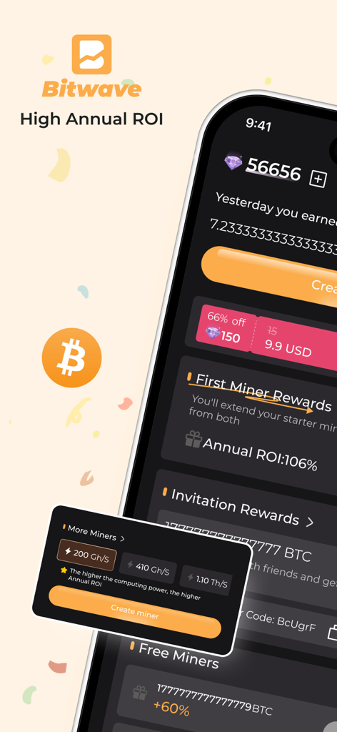 Mobile app interface for BitBoost showing high annual ROI and bitcoin mining rewards.