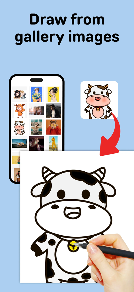 PicTrace: AR Drawing & Sketch - Desenhando uma vaca de desenho animado de uma galeria de smartphone usando rastreamento por RA.