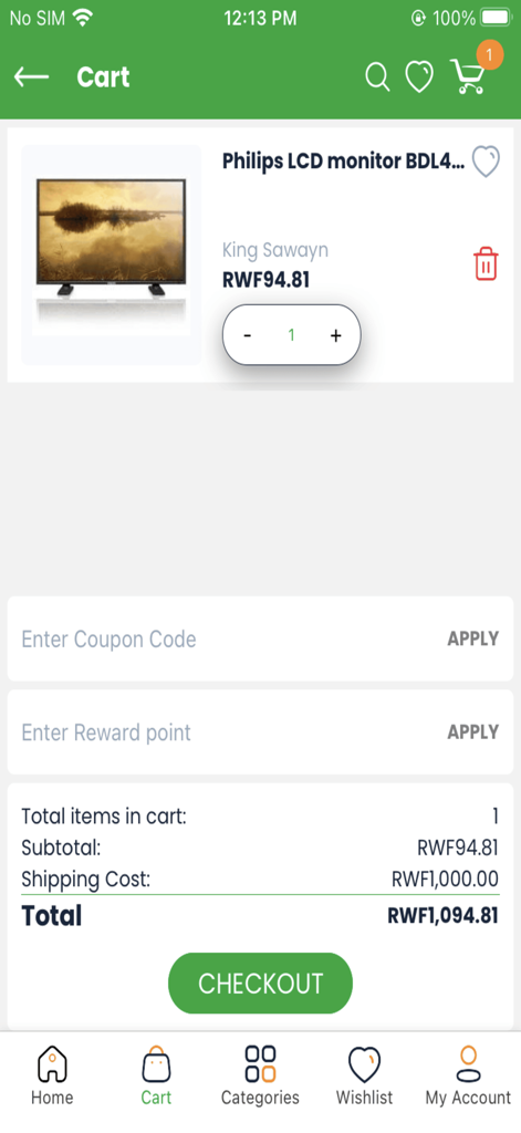 Next - Online Shopping App - The cart screen of the Next online shopping app showing a Philips LCD monitor ready for checkout.