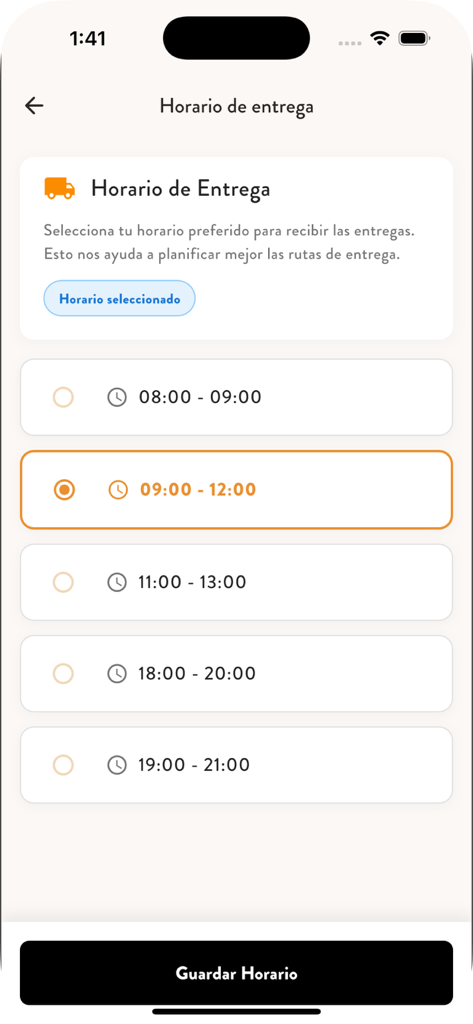 Delishop - Pantalla de la aplicación móvil que muestra la selección del horario de entrega con varias franjas horarias para la entrega de alimentos.