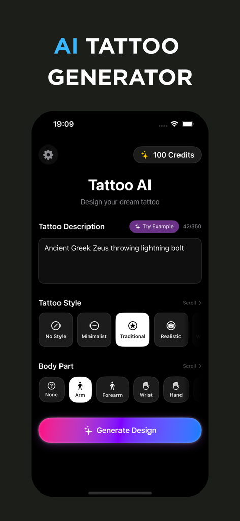 Tattoo AI: Generator & Design - Tattoo AIアプリのインターフェース。スタイルと体の部分のオプションが表示されたジェネレーター画面を表示しています。