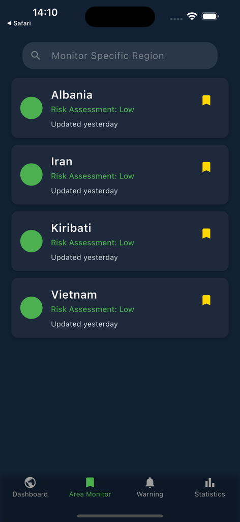 Global Risk - Global Risk app interface showing a list of monitored countries with low risk assessments.