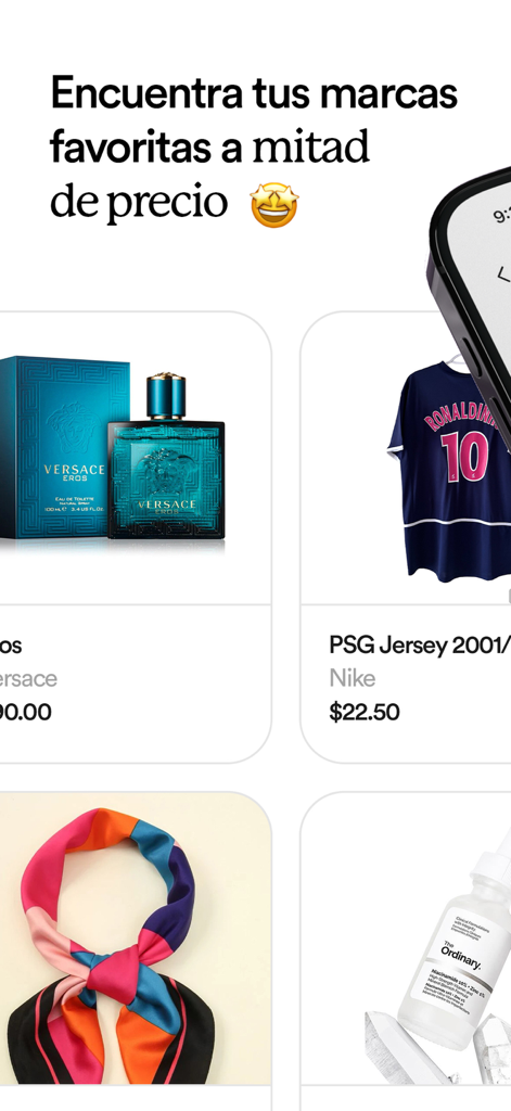 Vitrinnea - Interfaz de la aplicación Vitrinnea que muestra productos de marcas como Versace, Nike y The Ordinary a mitad de precio.
