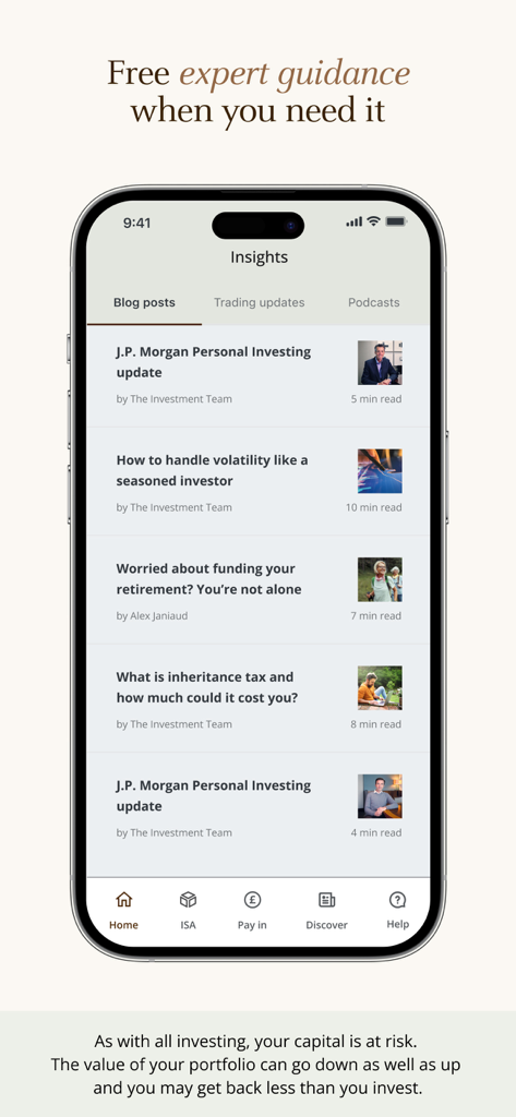 J.P. Morgan Personal Investing - 専門家のガイダンスと財務インサイトの記事を表示するJPモルガン・パーソナル・インベスティング・アプリの画面
