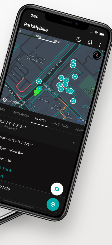 ParkMyBike app interface showing nearby bicycle parking locations on a map in dark mode.