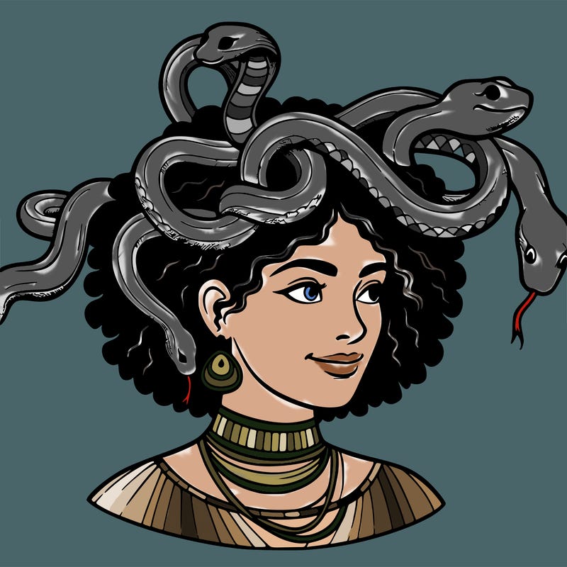 realistic woman snakes on head