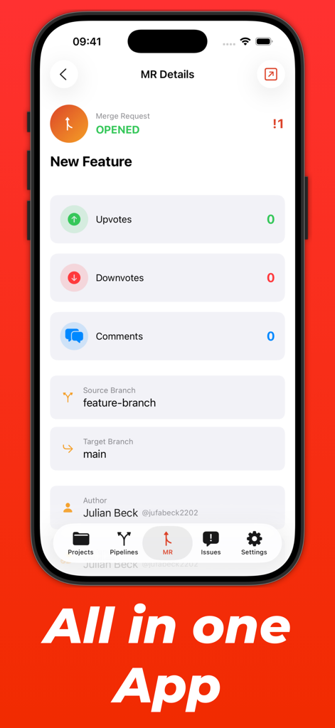 Glance for Gitlab - Glance for GitLab app showing merge request details including status source branch and target branch