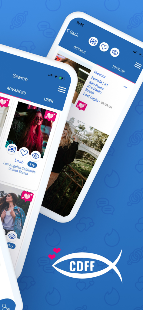 Mobile interface of the CDFF Christian dating app showing user search and member profiles