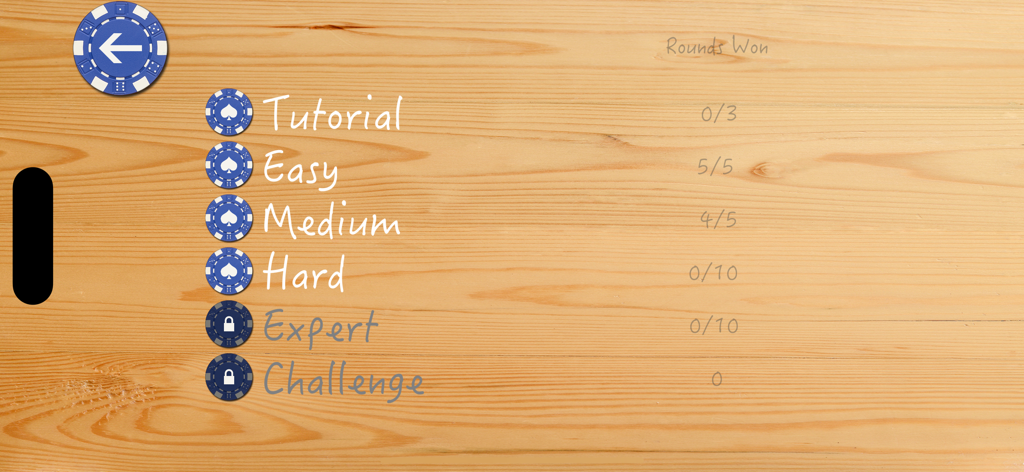 Card Counter Liteアプリのメニュー。チュートリアル、イージー、ミディアム、ハードのゲームモードが、木製テーブルの表面に表示されている。