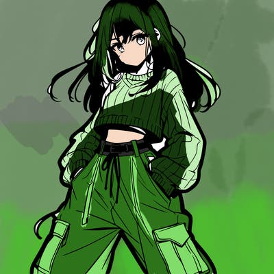 anime teen girl with baggy pants and crop top with sweater