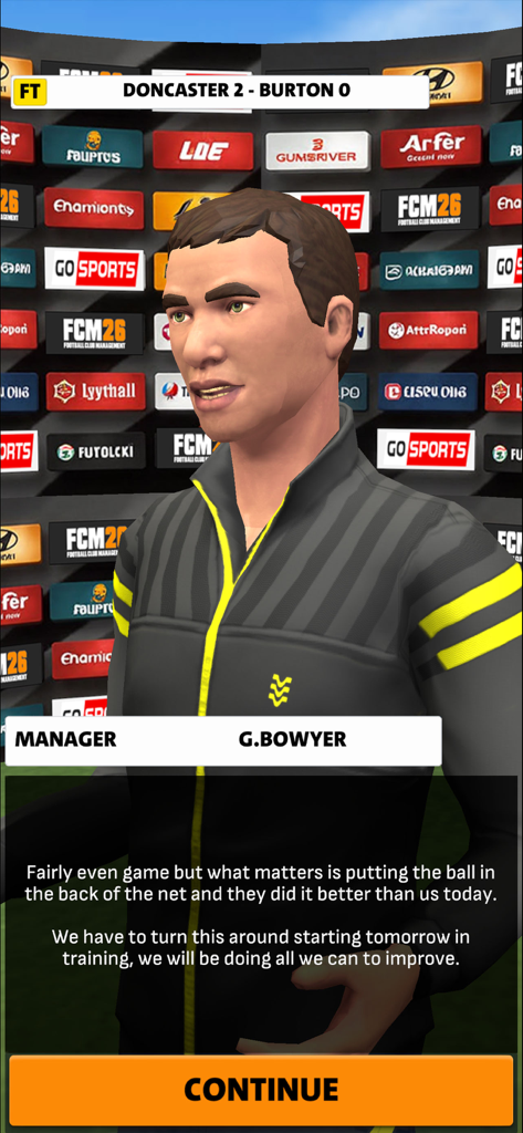 Football Club Management 2026 - Un entrenador dando una entrevista posterior al partido en Football Club Management 2026.