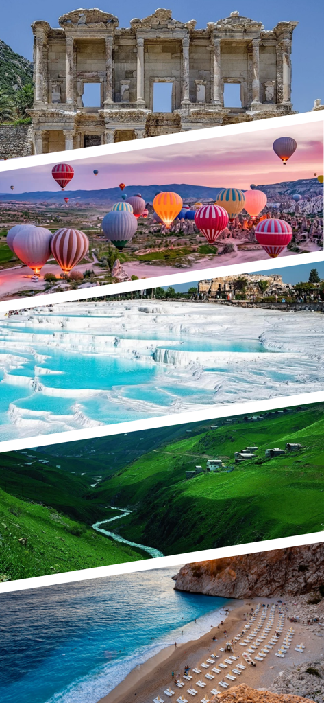 Turkey Travel Guide & Planner - カッパドキアの気球、エフェソスの遺跡、パムッカレのテラスなど、トルコの象徴的な旅行先のコラージュ。