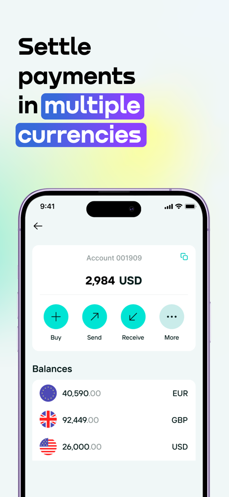 Unlimit - Interfaz de la aplicación Unlimit mostrando saldos de cuentas multidivisa y opciones de pago