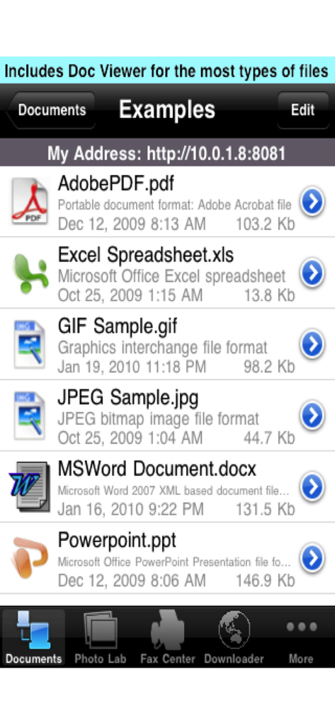 Fax Print Share - Fax Print Shareアプリの画面に、PDF、Word、Excelなどのさまざまなサポートされているドキュメントファイルタイプのリストが表示されています。