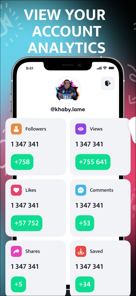 SavTok: Tic Video Tools - Screenshot of the SavTok app showing social media account analytics including followers, views, and likes for a profile.