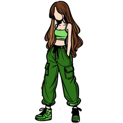 girl in baggy pants crop top and long hair