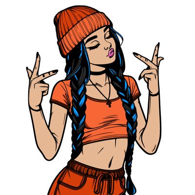 realistic teenage girl with braids and a beanie and crop top doing 🫶🏼