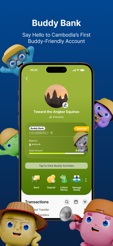 Interface of the PPCBank mobile app showing the Buddy Bank feature with 3D characters and joint account management options.