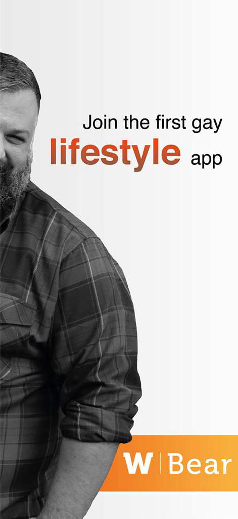 Uomo barbuto in camicia a quadri nella schermata promozionale dell'app gay lifestyle W Bear