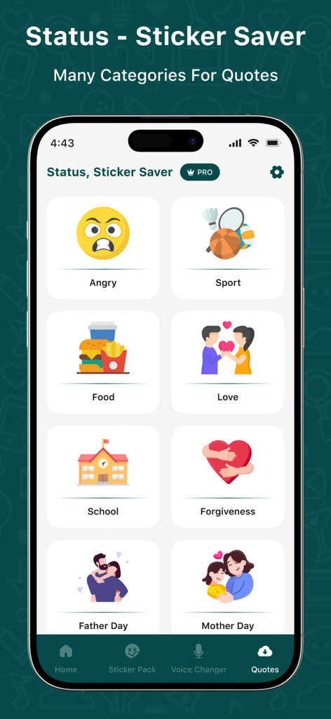 Status - Sticker Saver - Status - Sticker Saver app showing a grid of quote categories including Angry, Sport, Food, and Love.