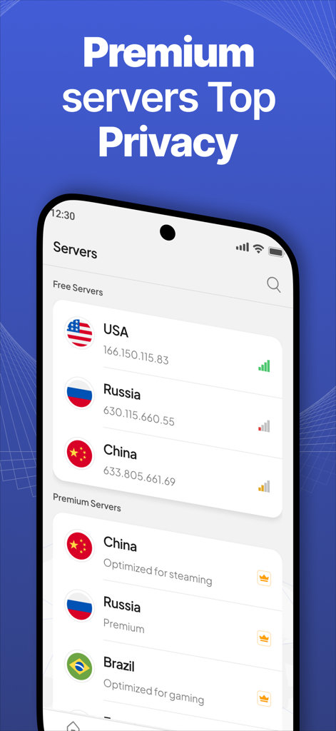 Free VPN Proxy - Unlimited - App screen showing a list of free and premium VPN servers optimized for streaming and gaming