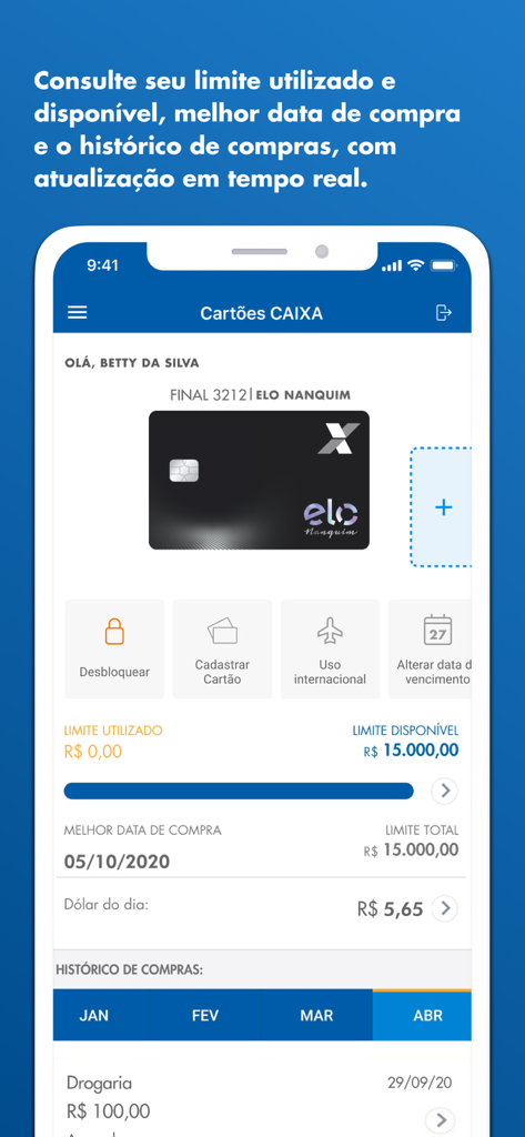 A mobile app interface for Cartões CAIXA showing credit card management, available limits, and transaction history.
