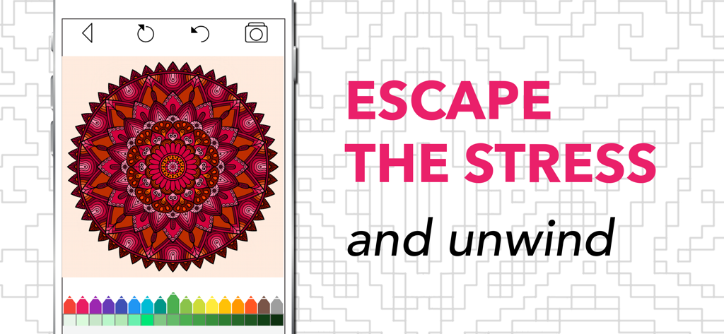 Coloring Book for Adults + - A smartphone displaying a red mandala coloring page with the text escape the stress and unwind
