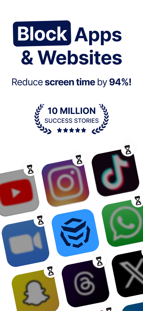 AppBlock app interface showing blocked social media icons with a 94 percent screen time reduction claim