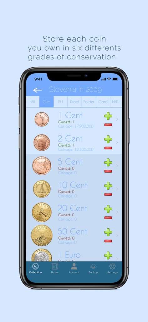 Euro Coins Album - Inventory list of Slovenian Euro coins in different conservation grades within the Euro Coins Album app.