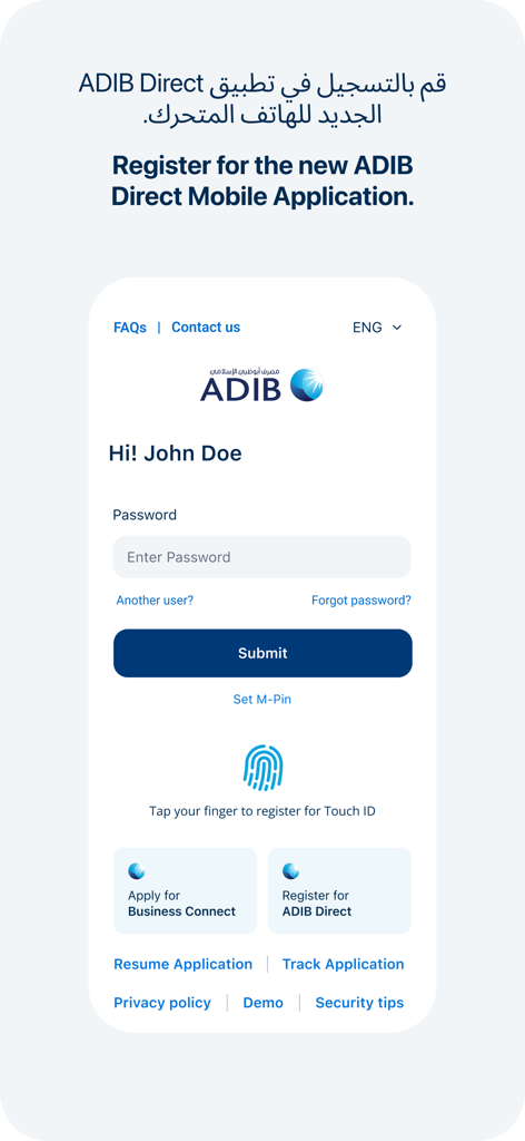 ADIB Direct - Business - ADIB Direct Business mobile app login and registration screen featuring Touch ID and password entry