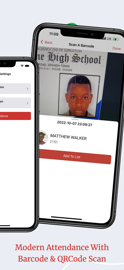 Interfaz de la aplicación COMSOL MySchool que muestra un escaneo de código de barras de identificación de estudiante para el seguimiento de la asistencia escolar.