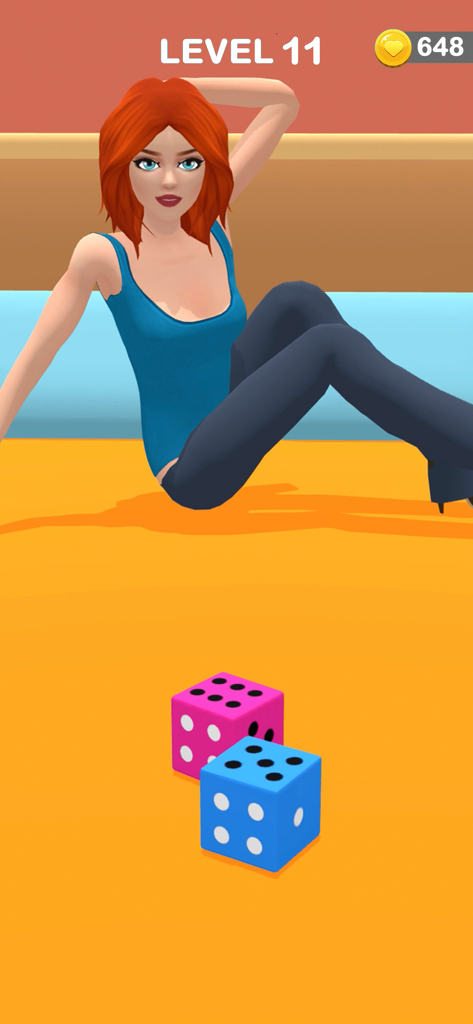 Gameplay screen of Couple Life 3D showing a woman sitting on a bed and two dice for a relationship challenge