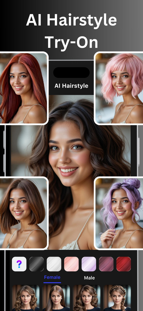 A woman virtually trying on different hairstyles and hair colors including a pink bob and purple buns using an AI app