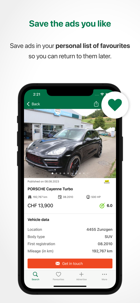 Comparis Car Marketplace - Smartphone screen showing a car listing in the Comparis app with a highlighted heart icon to save to favorites.