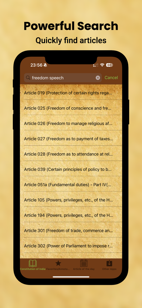 Interfaz de búsqueda de la aplicación Constitución de la India mostrando resultados de artículos sobre libertad de expresión sobre un fondo de pergamino.