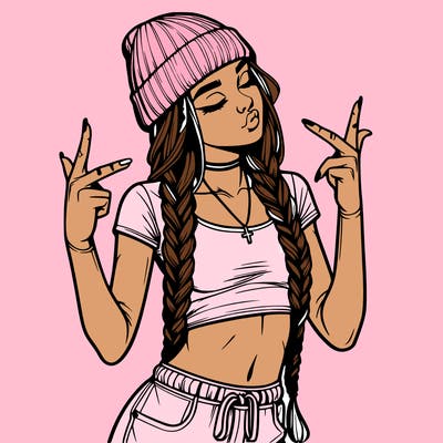 realistic teenage girl with braids and a beanie and crop top doing 🫶🏼