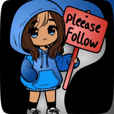 cute girl in a over sized hoodie holding a sign that says please follow