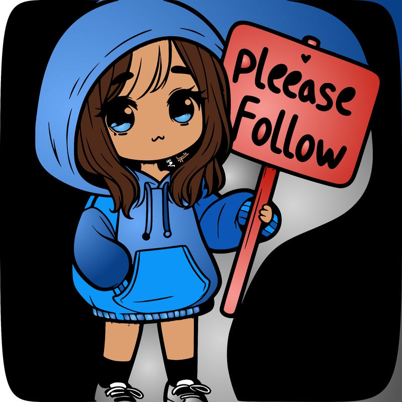 cute girl in a over sized hoodie holding a sign that says please follow