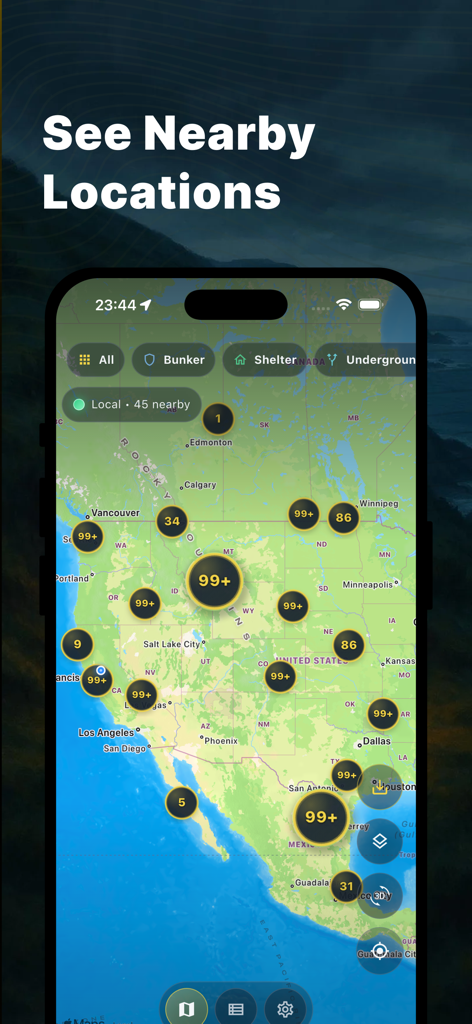 Bunkers & Shelters Map - Haven - Haven App-Kartenbildschirm, der die Standorte von Bunkern und Schutzräumen in der Nähe zeigt