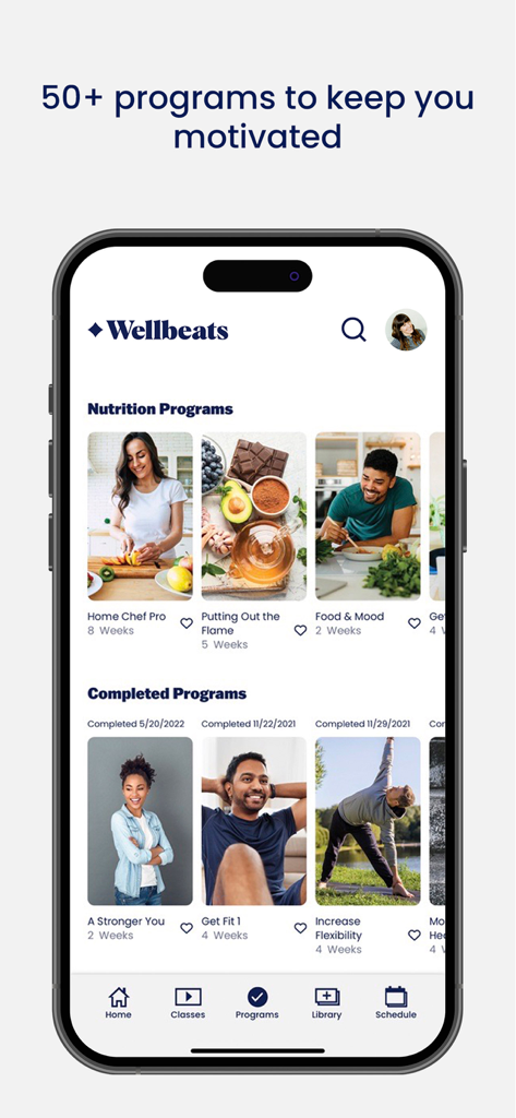 Wellbeats mobile app interface showing a variety of nutrition and fitness programs for corporate wellness