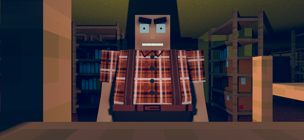 Grandpa & Granny School Escape - A blocky character wearing a plaid shirt and suspenders in a school library
