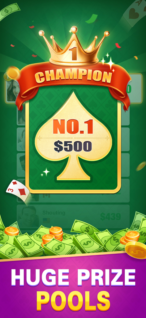 Solitaire Win Cash: Real Money - Solitaire Win Cash app screenshot showing a champion card with a 500 dollar prize and huge prize pools text