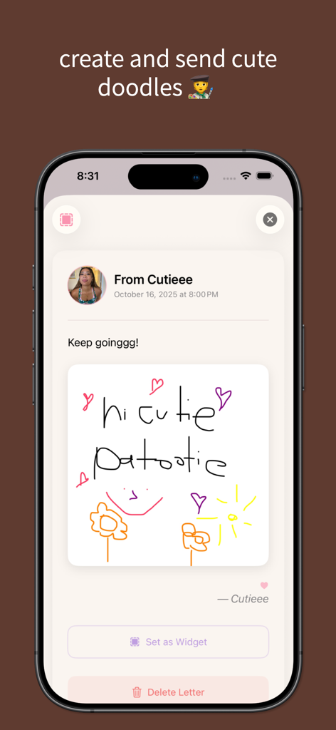 カップル向けのLoveleeアプリのインターフェースにある、手描きの落書きのラブレター。
