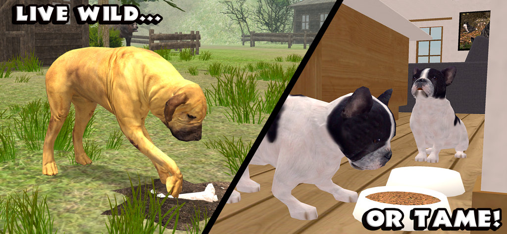 Ultimate Dog Simulator - Split screen showing a dog digging for a bone in the wild and French bulldogs at home in Ultimate Dog Simulator