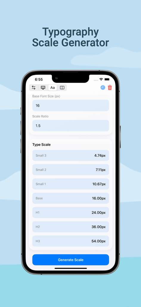 Pixel Converter Pro - Typography Scale Generator tool in the Pixel Converter Pro app showing font size calculations for design projects