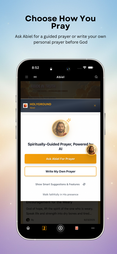 Abiel – Prayer Companion - Interfaz de la aplicación Abiel que ofrece a los usuarios la opción entre oración guiada por IA o escribir su propia oración personal.
