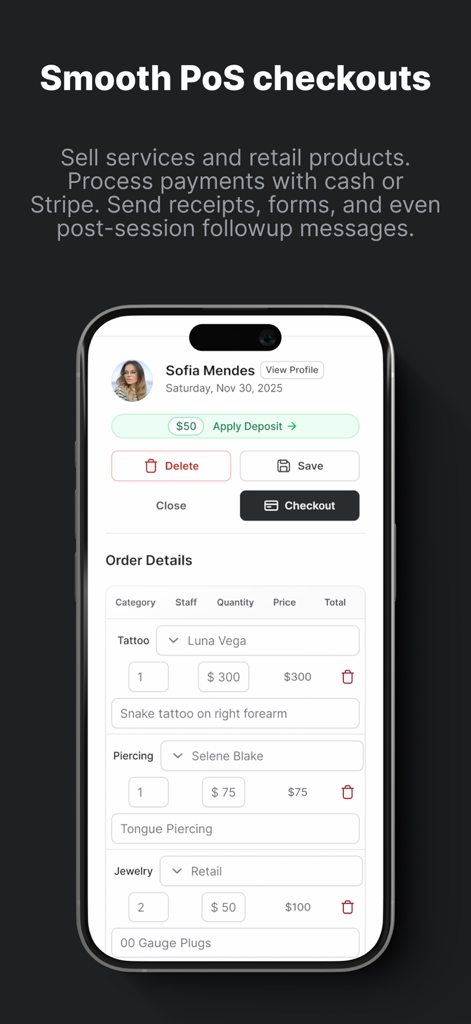 Tattoo Studio Pro - Tattoo Studio Pro app checkout screen showing point of sale details for tattoo and piercing services.